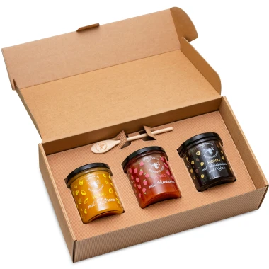 Set mit 3 Honigsorten im Karton mit einem Löffel 430/450 g